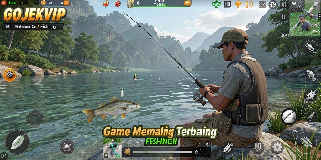 Screenshot gameplay GOJEKVIP menunjukkan aksi seru memancing di lokasi yang indah.