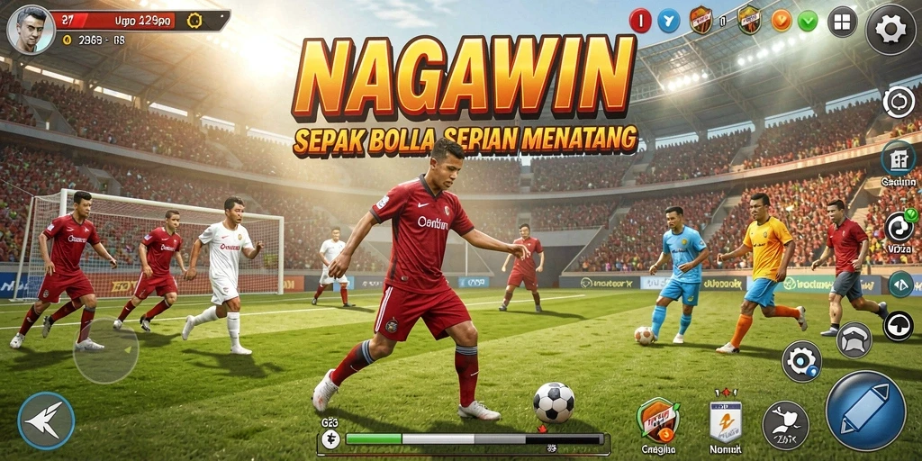 Gameplay mendebarkan dari NAGAWIN, menampilkan aksi sepak bola.